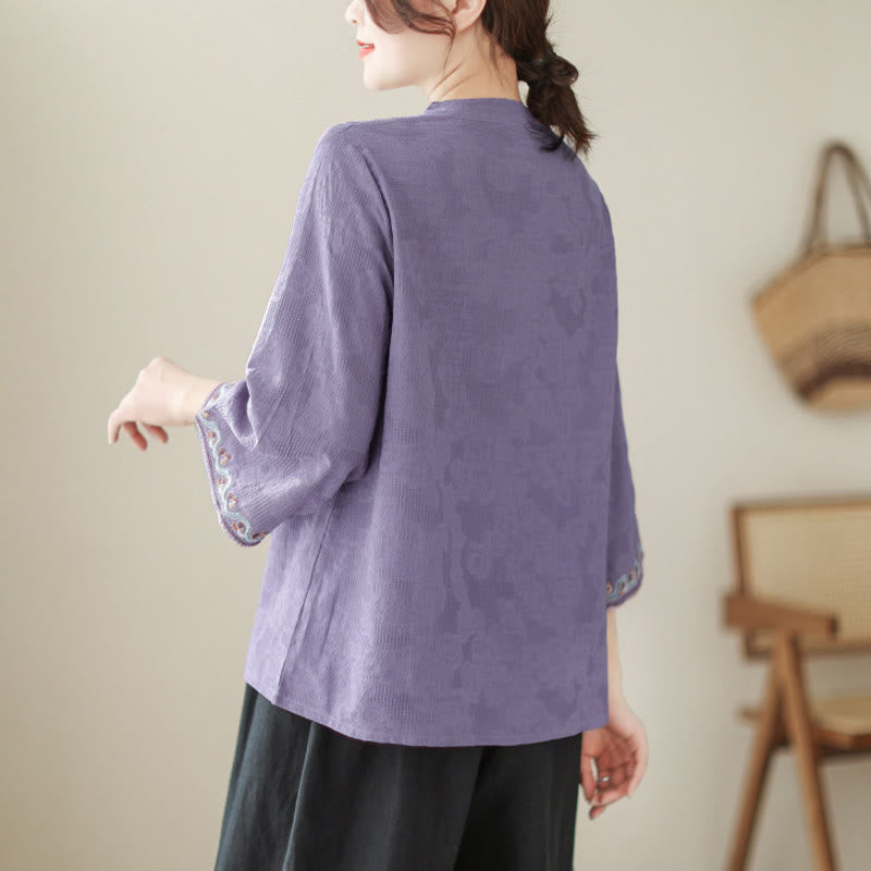 Camisa de algodón para mujer con diseño de Buddha Stones Jacquard, botones de rana, cuello alto, bordado, manga tres cuartos - image 2