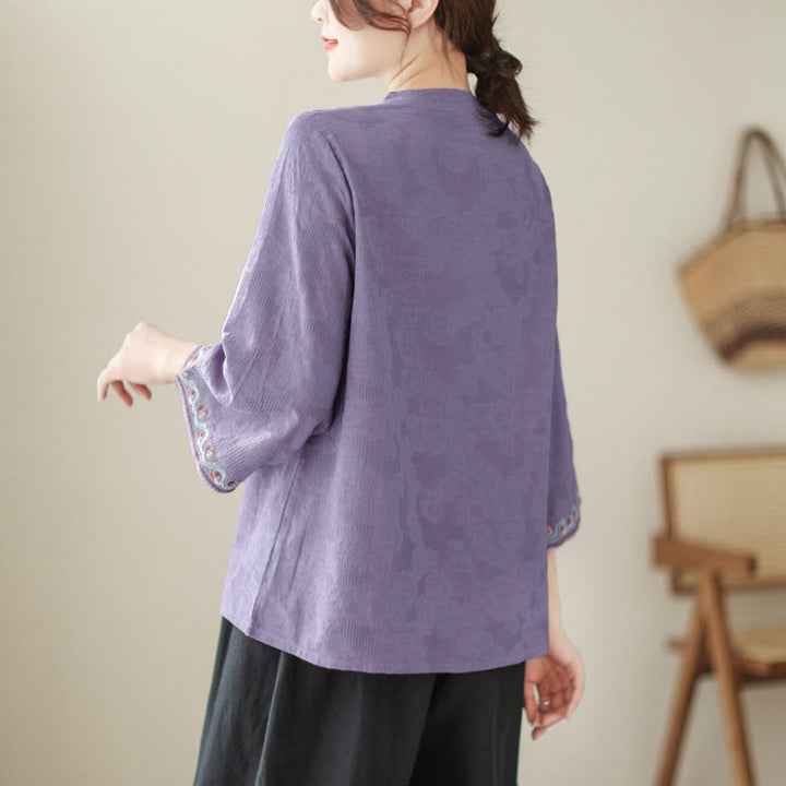 Camisa de algodón para mujer con diseño de Buddha Stones Jacquard, botones de rana, cuello alto, bordado, manga tres cuartos - image 2