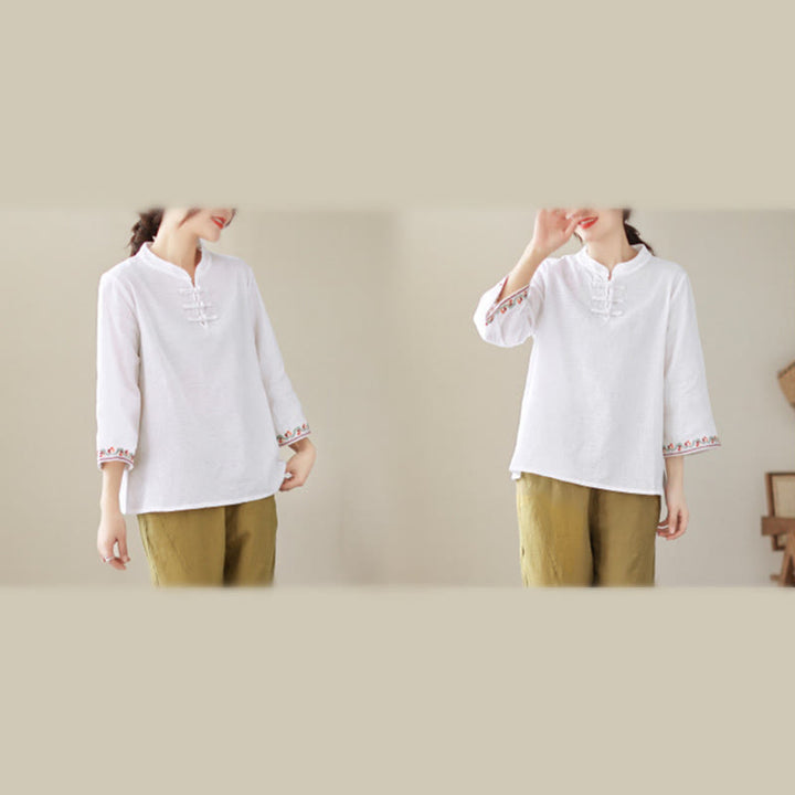 Camisa de algodón para mujer con diseño de Buddha Stones Jacquard, botones de rana, cuello alto, bordado, manga tres cuartos - image 20