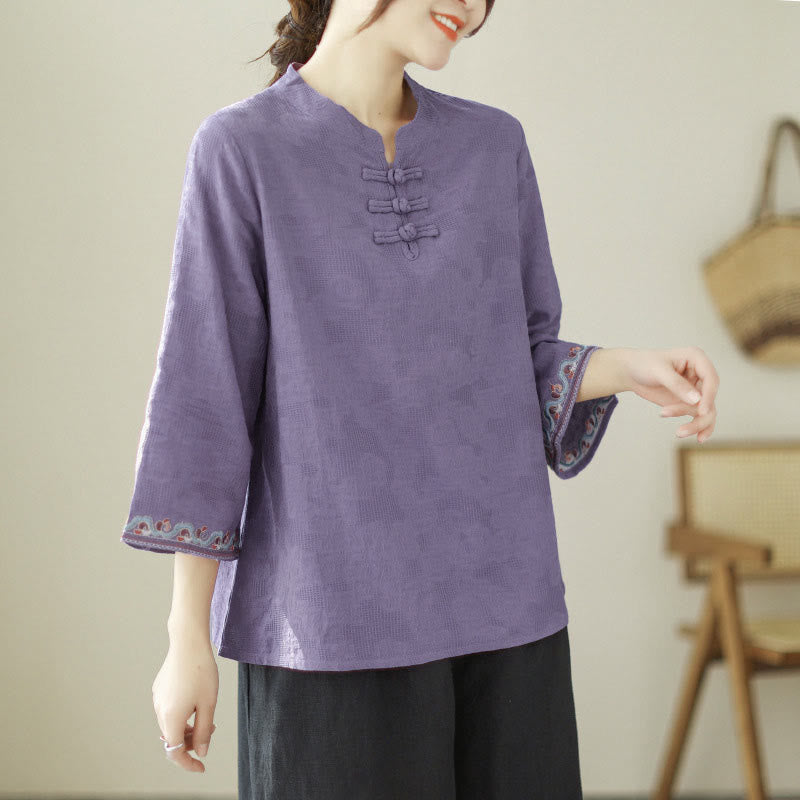 Camisa de algodón para mujer con diseño de Buddha Stones Jacquard, botones de rana, cuello alto, bordado, manga tres cuartos - Violeta azul - US8-10，UK/AU12-14，EU40-42 (2XL) - image 0