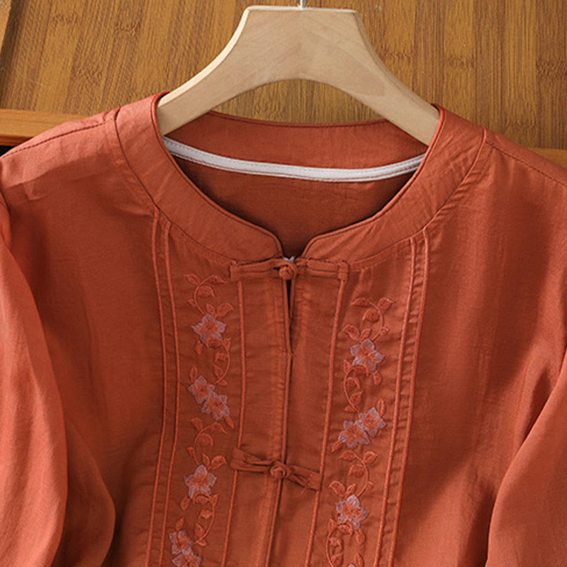 Camisa de mujer con cuello alto, botones de rana y flores bordadas, puños elásticos y manga tres cuartos con diseño de Buddha Stones - image 17