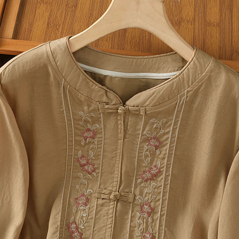 Camisa de mujer con cuello alto, botones de rana y flores bordadas, puños elásticos y manga tres cuartos con diseño de Buddha Stones - image 8