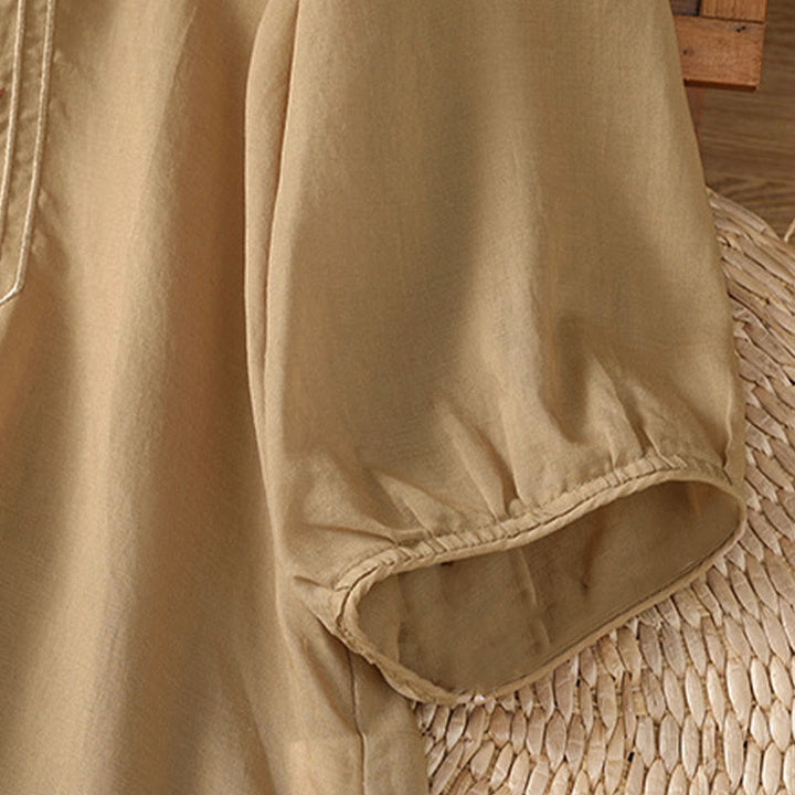 Camisa de mujer con cuello alto, botones de rana y flores bordadas, puños elásticos y manga tres cuartos con diseño de Buddha Stones - image 11