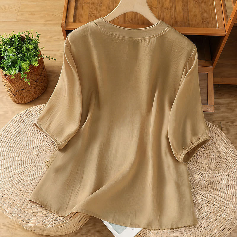 Camisa de mujer con cuello alto, botones de rana y flores bordadas, puños elásticos y manga tres cuartos con diseño de Buddha Stones - image 7