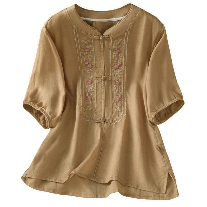 Camisa de mujer con cuello alto, botones de rana y flores bordadas, puños elásticos y manga tres cuartos con diseño de Buddha Stones - image 13