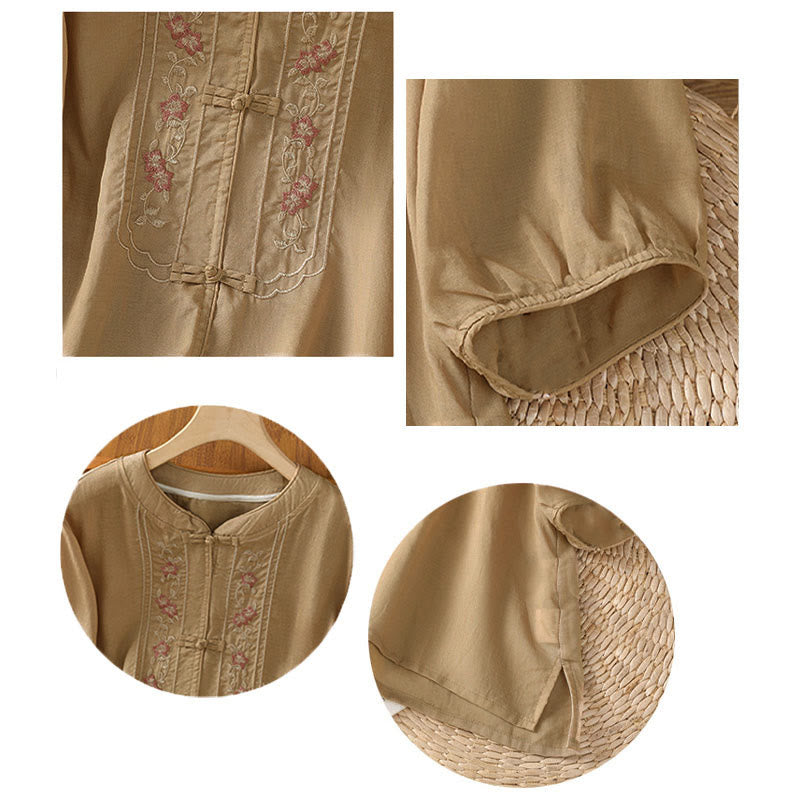 Camisa de mujer con cuello alto, botones de rana y flores bordadas, puños elásticos y manga tres cuartos con diseño de Buddha Stones - image 14