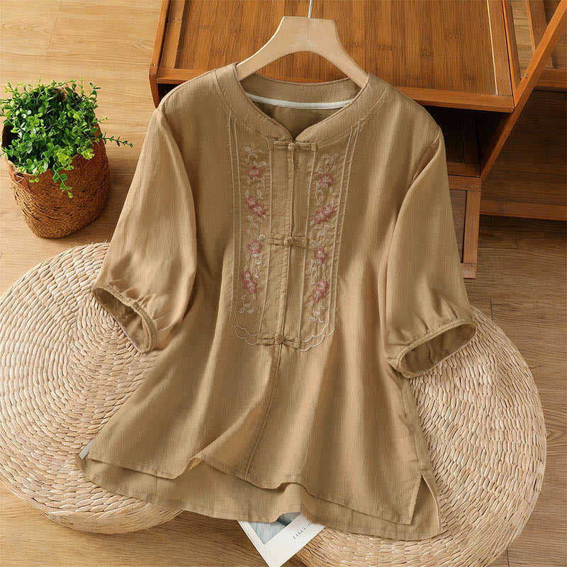 Camisa de mujer con cuello alto, botones de rana y flores bordadas, puños elásticos y manga tres cuartos con diseño de Buddha Stones - BurlyWood - US8-10，UK/AU12-14，EU40-42 (2XL) - image 6