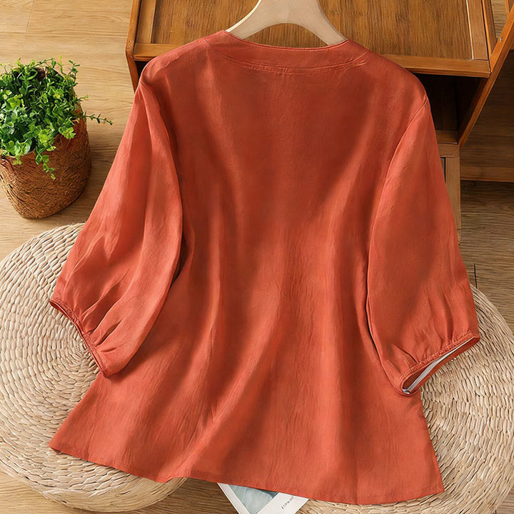 Camisa de mujer con cuello alto, botones de rana y flores bordadas, puños elásticos y manga tres cuartos con diseño de Buddha Stones - image 16