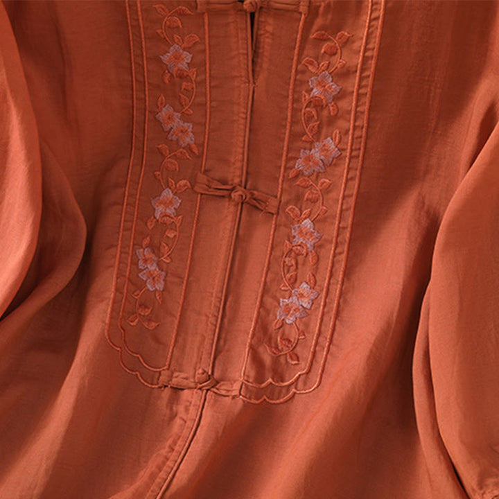 Camisa de mujer con cuello alto, botones de rana y flores bordadas, puños elásticos y manga tres cuartos con diseño de Buddha Stones - image 19