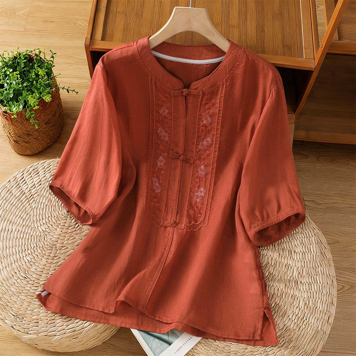 Camisa de mujer con cuello alto, botones de rana y flores bordadas, puños elásticos y manga tres cuartos con diseño de Buddha Stones - Rojo oscuro - US8-10，UK/AU12-14，EU40-42 (2XL) - image 15