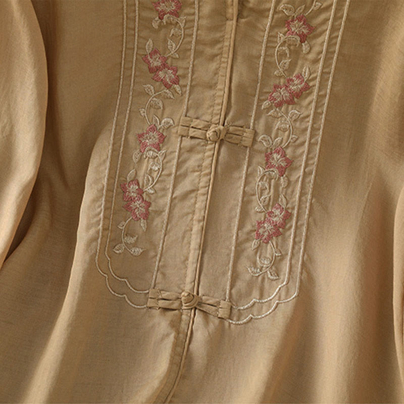 Camisa de mujer con cuello alto, botones de rana y flores bordadas, puños elásticos y manga tres cuartos con diseño de Buddha Stones - image 10