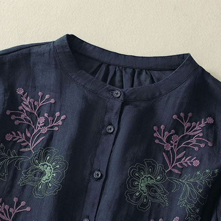 Buddha Stones Camisa de algodón para mujer con cuello alto, manga tres cuartos y abertura lateral, diseño plisado y bordado - image 2