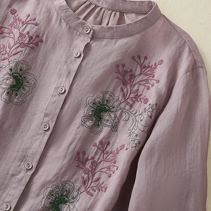 Buddha Stones Camisa de algodón para mujer con cuello alto, manga tres cuartos y abertura lateral, diseño plisado y bordado - image 11