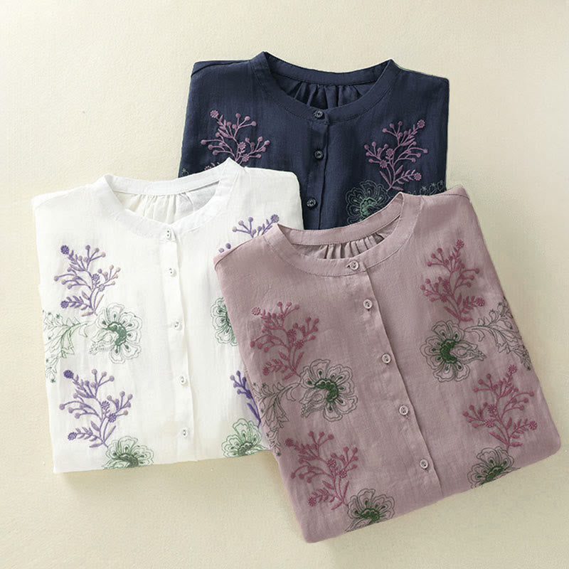 Buddha Stones Camisa de algodón para mujer con cuello alto, manga tres cuartos y abertura lateral, diseño plisado y bordado - image 26