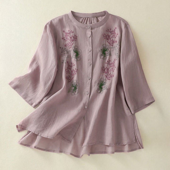 Buddha Stones Camisa de algodón para mujer con cuello alto, manga tres cuartos y abertura lateral, diseño plisado y bordado - RosyBrown - US8-10，UK/AU12-14，EU40-42 (2XL) - image 7