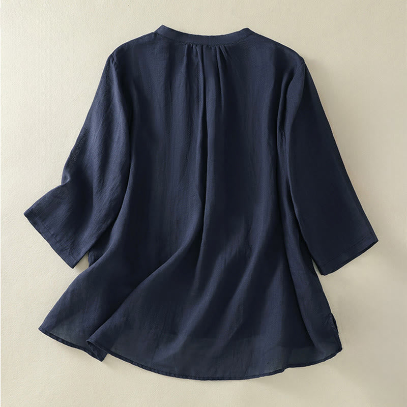 Buddha Stones Camisa de algodón para mujer con cuello alto, manga tres cuartos y abertura lateral, diseño plisado y bordado - image 1