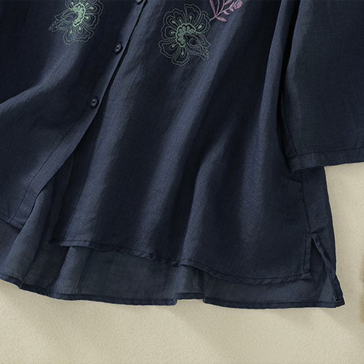 Buddha Stones Camisa de algodón para mujer con cuello alto, manga tres cuartos y abertura lateral, diseño plisado y bordado - image 6