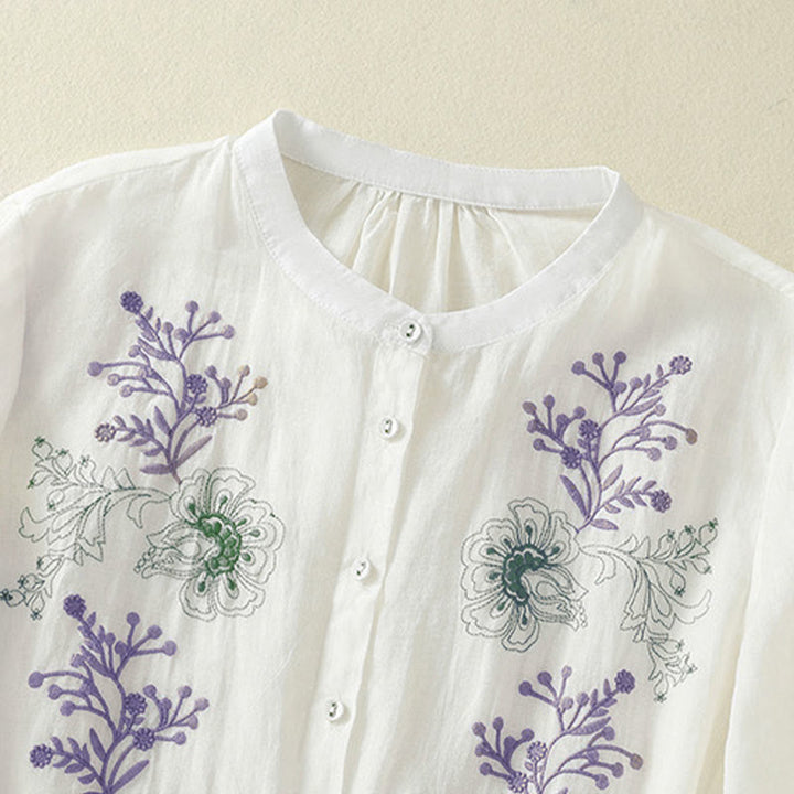 Buddha Stones Camisa de algodón para mujer con cuello alto, manga tres cuartos y abertura lateral, diseño plisado y bordado - image 18