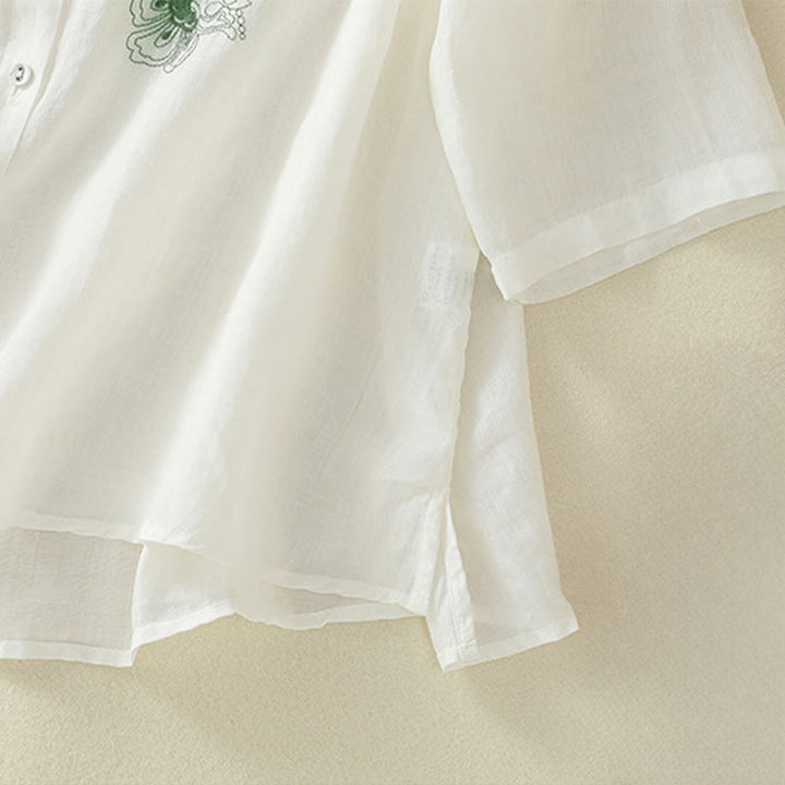 Buddha Stones Camisa de algodón para mujer con cuello alto, manga tres cuartos y abertura lateral, diseño plisado y bordado - image 24