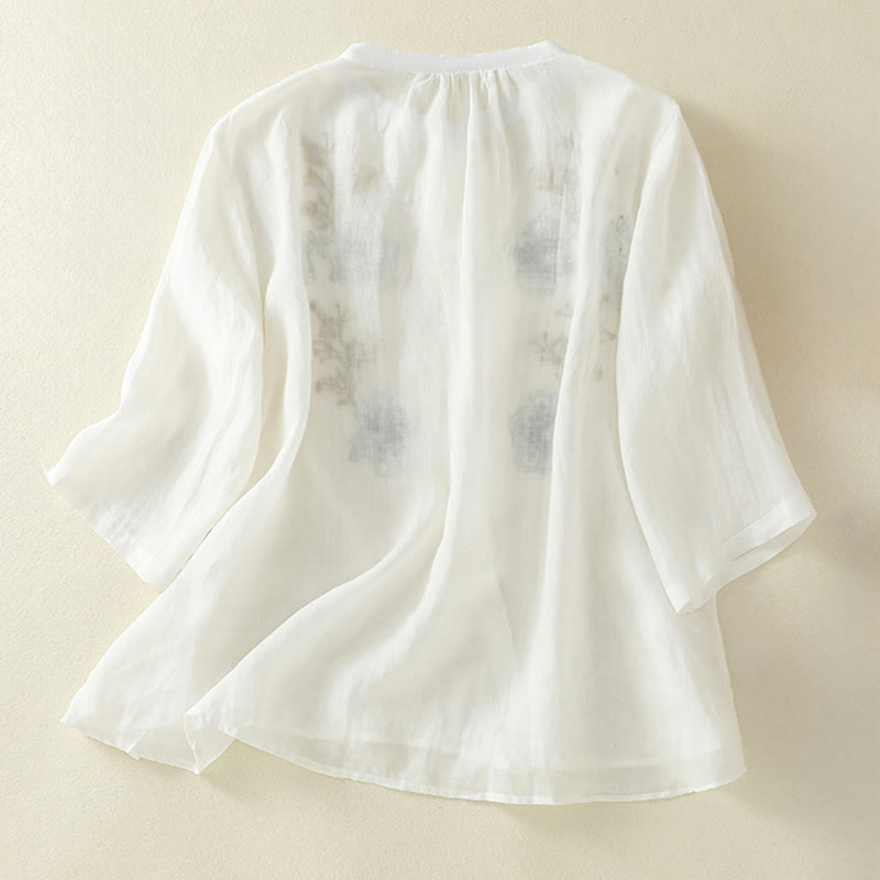 Buddha Stones Camisa de algodón para mujer con cuello alto, manga tres cuartos y abertura lateral, diseño plisado y bordado - image 17