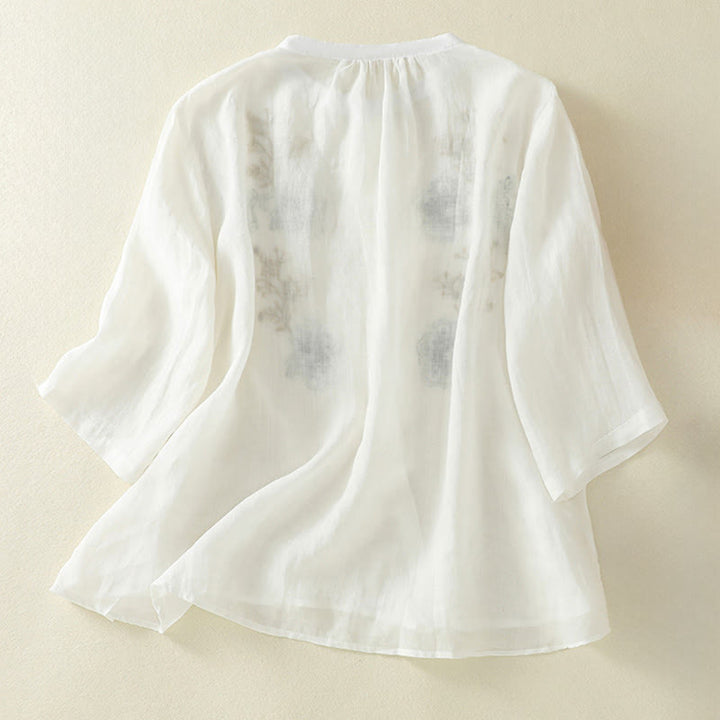 Buddha Stones Camisa de algodón para mujer con cuello alto, manga tres cuartos y abertura lateral, diseño plisado y bordado - image 17