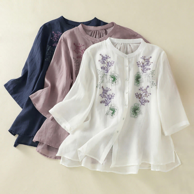 Buddha Stones Camisa de algodón para mujer con cuello alto, manga tres cuartos y abertura lateral, diseño plisado y bordado - image 25