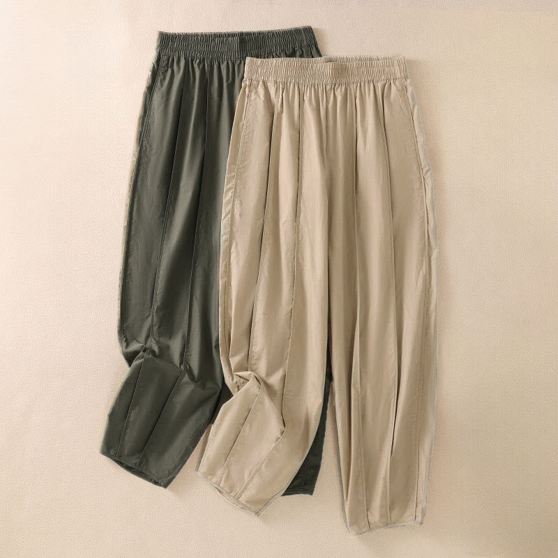 Buddha Stones Pantalones harén plisados de cintura alta para mujer, sencillos, de color puro y de verano, con bolsillos - image 0