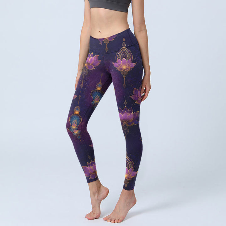 Buddha Stones Leggings de yoga para mujer con estampado de flor de loto y farolillos de ensueño - Índigo - US18，UK/AU22，EU50 (4XL) - image 0