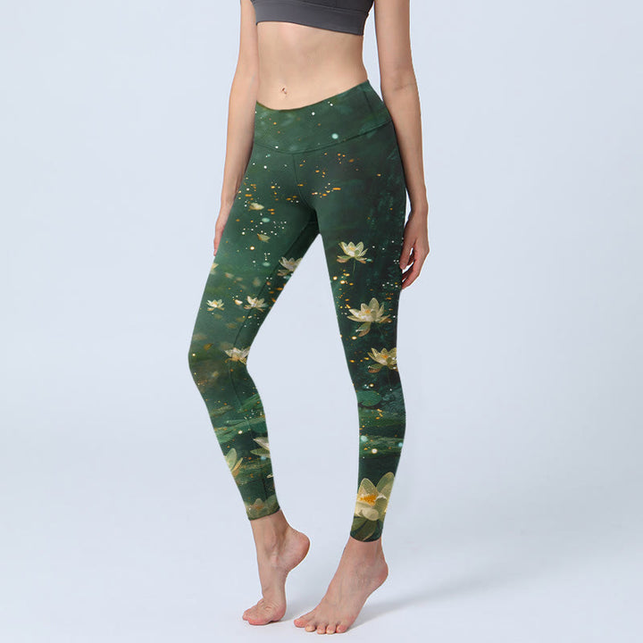 Buddha Stones Leggings deportivos con estampado de hojas y flores de loto de ensueño para mujer - Verde oscuro - US18，UK/AU22，EU50 (4XL) - image 0