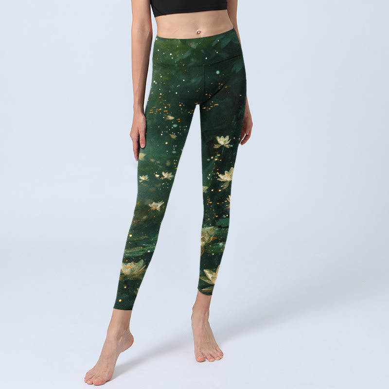 Buddha Stones Leggings deportivos con estampado de hojas y flores de loto de ensueño para mujer - image 5