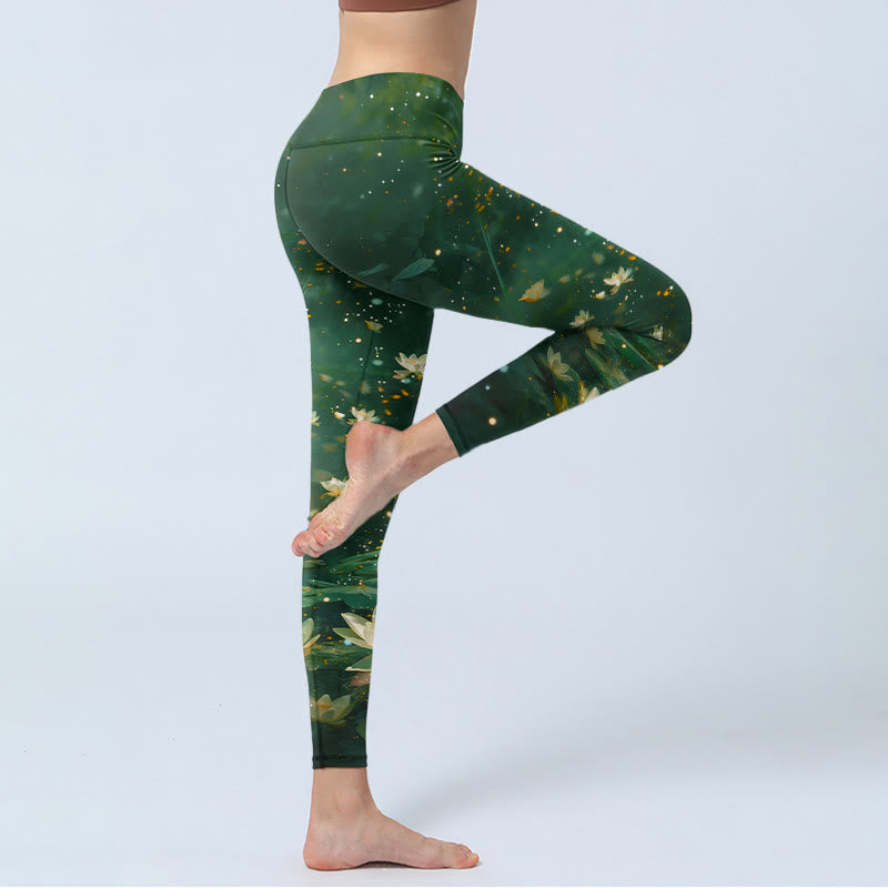 Buddha Stones Leggings deportivos con estampado de hojas y flores de loto de ensueño para mujer - image 3