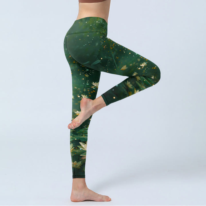 Buddha Stones Leggings deportivos con estampado de hojas y flores de loto de ensueño para mujer - image 3