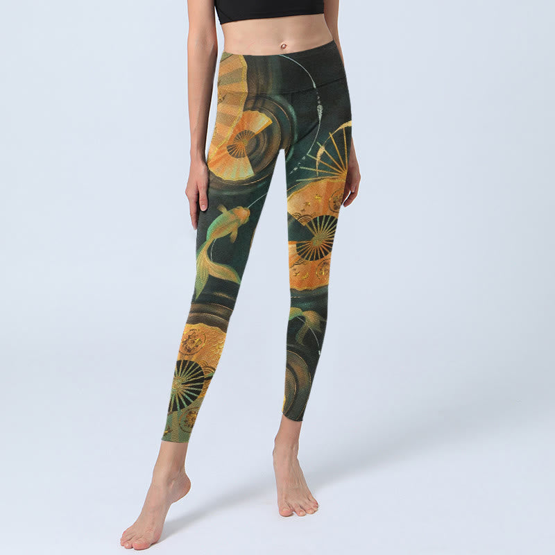 Buddha Stones Leggings de gimnasio con estampado de peces koi y abanico plegable para mujer - image 5