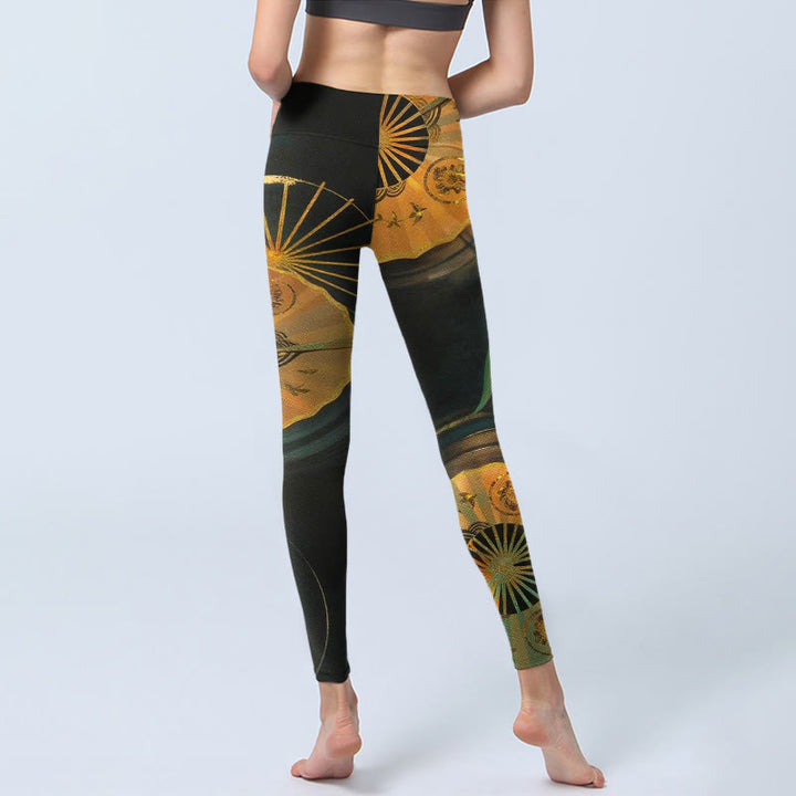 Buddha Stones Leggings de gimnasio con estampado de peces koi y abanico plegable para mujer - image 6