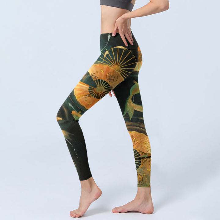 Buddha Stones Leggings de gimnasio con estampado de peces koi y abanico plegable para mujer - image 2