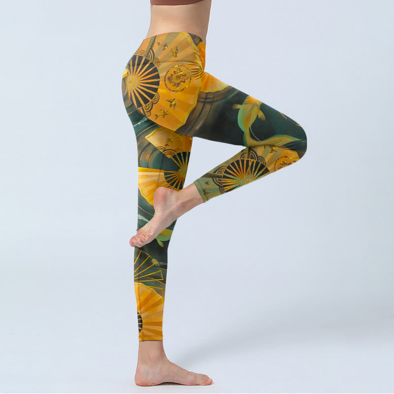 Buddha Stones Leggings de gimnasio con estampado de peces koi y abanico plegable para mujer - image 3