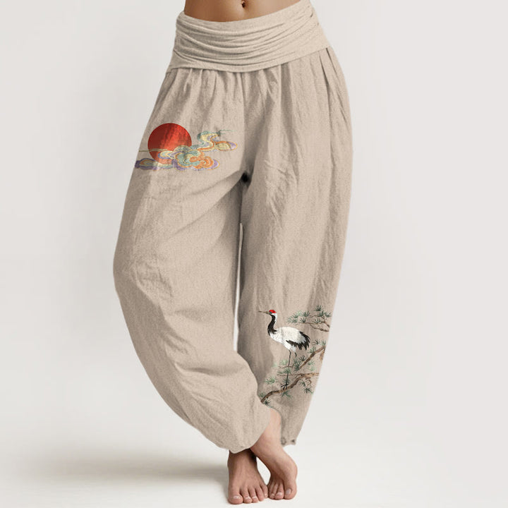 Buddha Stones Pantalones harén de algodón puro con estampado de sol, nube, grulla y pino para mujer, cintura elástica - Broncearse - US16，UK/AU20，EU48 (3XL) - image 0
