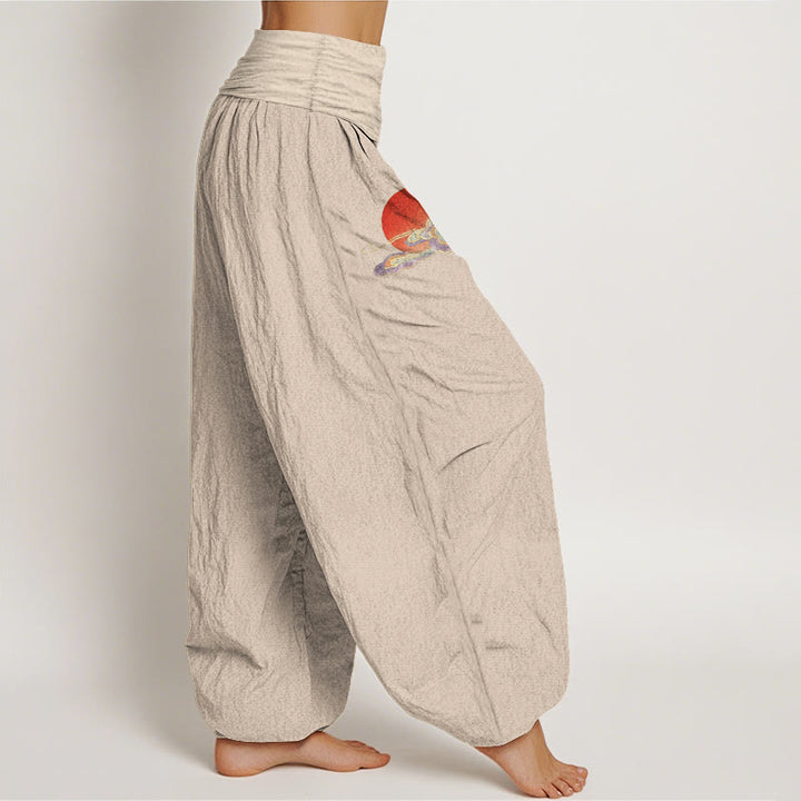 Buddha Stones Pantalones harén de algodón puro con estampado de sol, nube, grulla y pino para mujer, cintura elástica - image 2