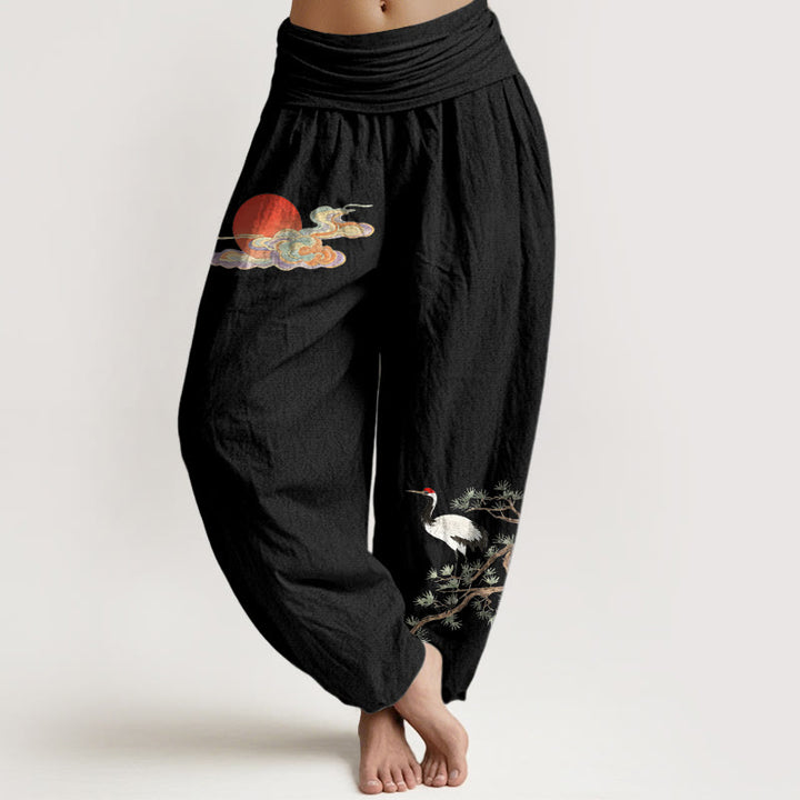 Buddha Stones Pantalones harén de algodón puro con estampado de sol, nube, grulla y pino para mujer, cintura elástica - Negro - US16，UK/AU20，EU48 (3XL) - image 5
