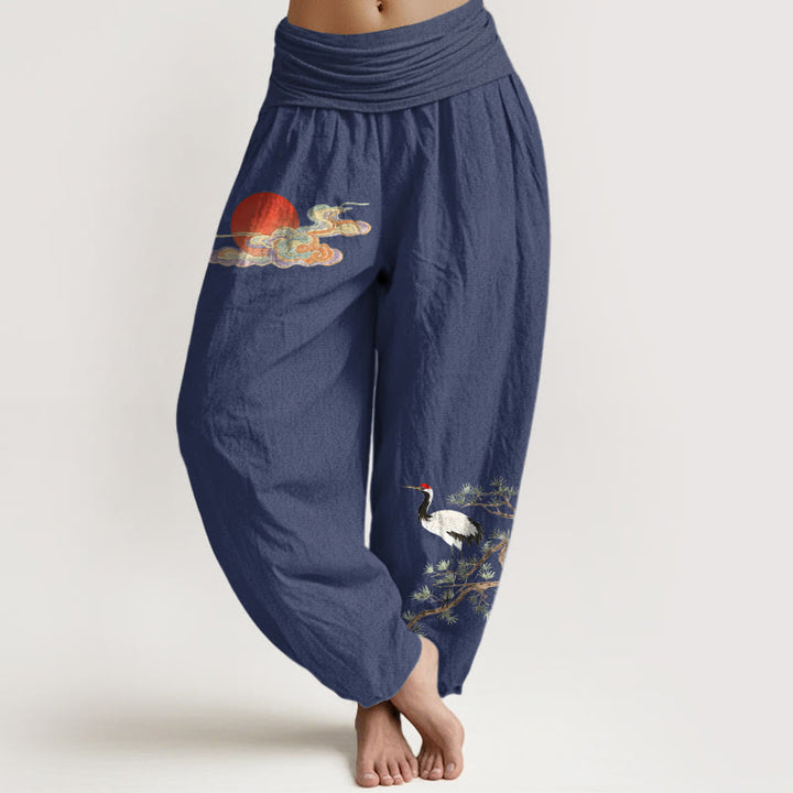 Buddha Stones Pantalones harén de algodón puro con estampado de sol, nube, grulla y pino para mujer, cintura elástica - Azul pizarra oscuro - US16，UK/AU20，EU48 (3XL) - image 8