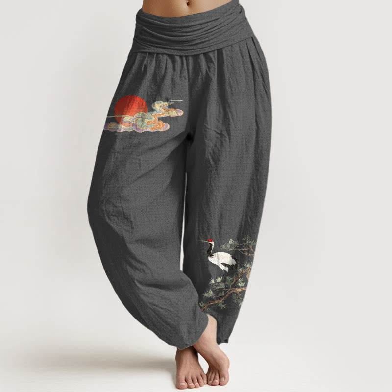 Buddha Stones Pantalones harén de algodón puro con estampado de sol, nube, grulla y pino para mujer, cintura elástica - Gris oscuro - US16，UK/AU20，EU48 (3XL) - image 11
