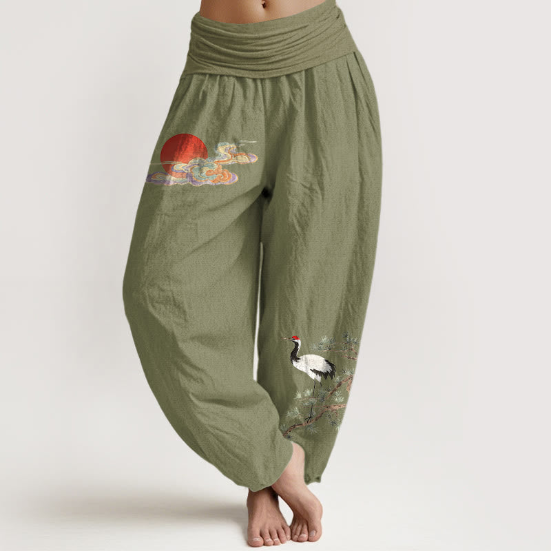 Buddha Stones Pantalones harén de algodón puro con estampado de sol, nube, grulla y pino para mujer, cintura elástica - Verde oliva - US16，UK/AU20，EU48 (3XL) - image 14