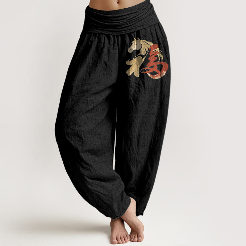 Buddha Stones Pantalones harén de algodón puro con estampado del Año del Caballo Fu para mujer, cintura elástica - Negro - US16，UK/AU20，EU48 (3XL) - image 0