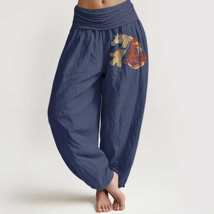 Buddha Stones Pantalones harén de algodón puro con estampado del Año del Caballo Fu para mujer, cintura elástica - Azul pizarra oscuro - US16，UK/AU20，EU48 (3XL) - image 5