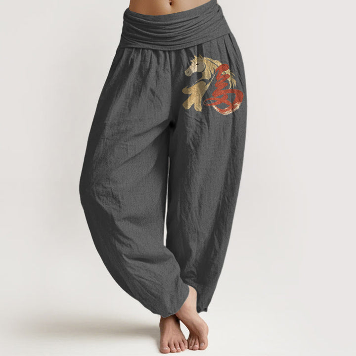 Buddha Stones Pantalones harén de algodón puro con estampado del Año del Caballo Fu para mujer, cintura elástica - Gris oscuro - US16，UK/AU20，EU48 (3XL) - image 8