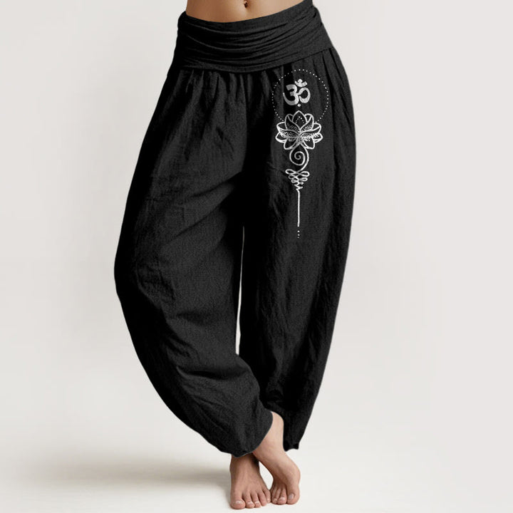 Buddha Stones Pantalones harén de algodón puro con estampado de loto y símbolo Om, estilo minimalista, para mujer, cintura elástica - Negro - US16，UK/AU20，EU48 (3XL) - image 0