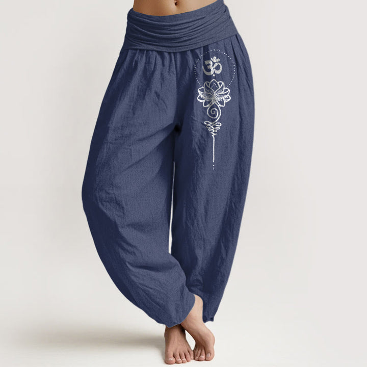 Buddha Stones Pantalones harén de algodón puro con estampado de loto y símbolo Om, estilo minimalista, para mujer, cintura elástica - Azul pizarra oscuro - US16，UK/AU20，EU48 (3XL) - image 5