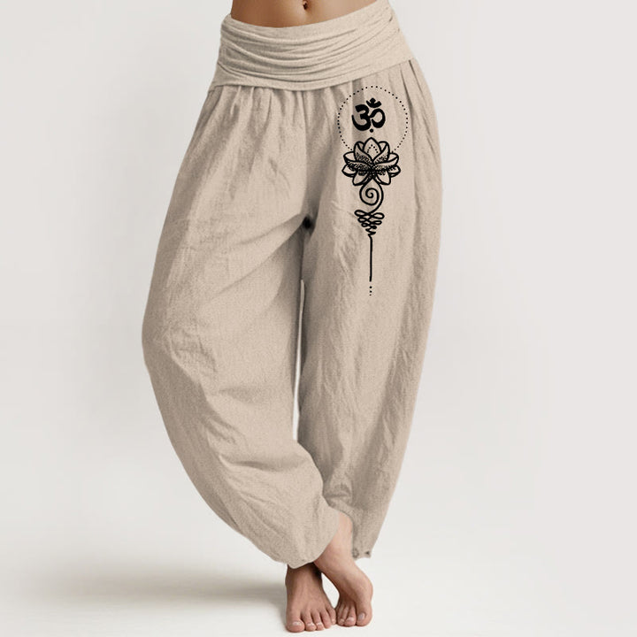 Buddha Stones Pantalones harén de algodón puro con estampado de loto y símbolo Om, estilo minimalista, para mujer, cintura elástica - Broncearse - US16，UK/AU20，EU48 (3XL) - image 11