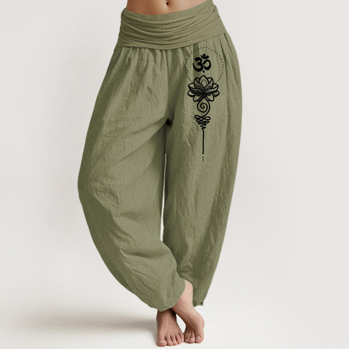 Buddha Stones Pantalones harén de algodón puro con estampado de loto y símbolo Om, estilo minimalista, para mujer, cintura elástica - Verde oliva - US16，UK/AU20，EU48 (3XL) - image 14
