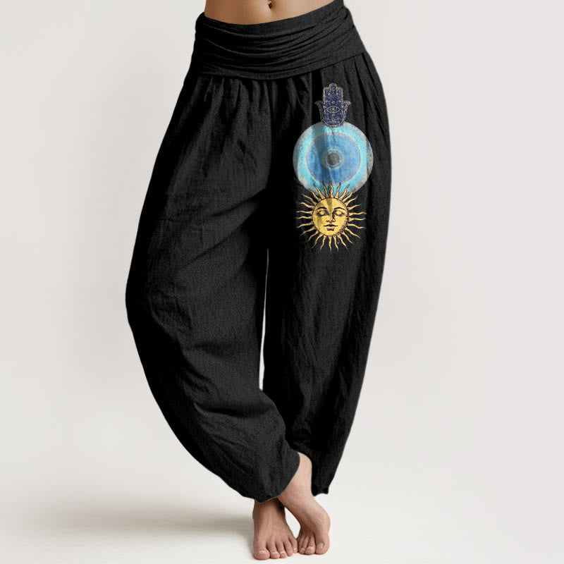 Buddha Stones Pantalones harén de algodón puro con cintura elástica para mujer, estilo minimalista, con estampado de mano de Fátima y sol - Negro - US16，UK/AU20，EU48 (3XL) - image 0